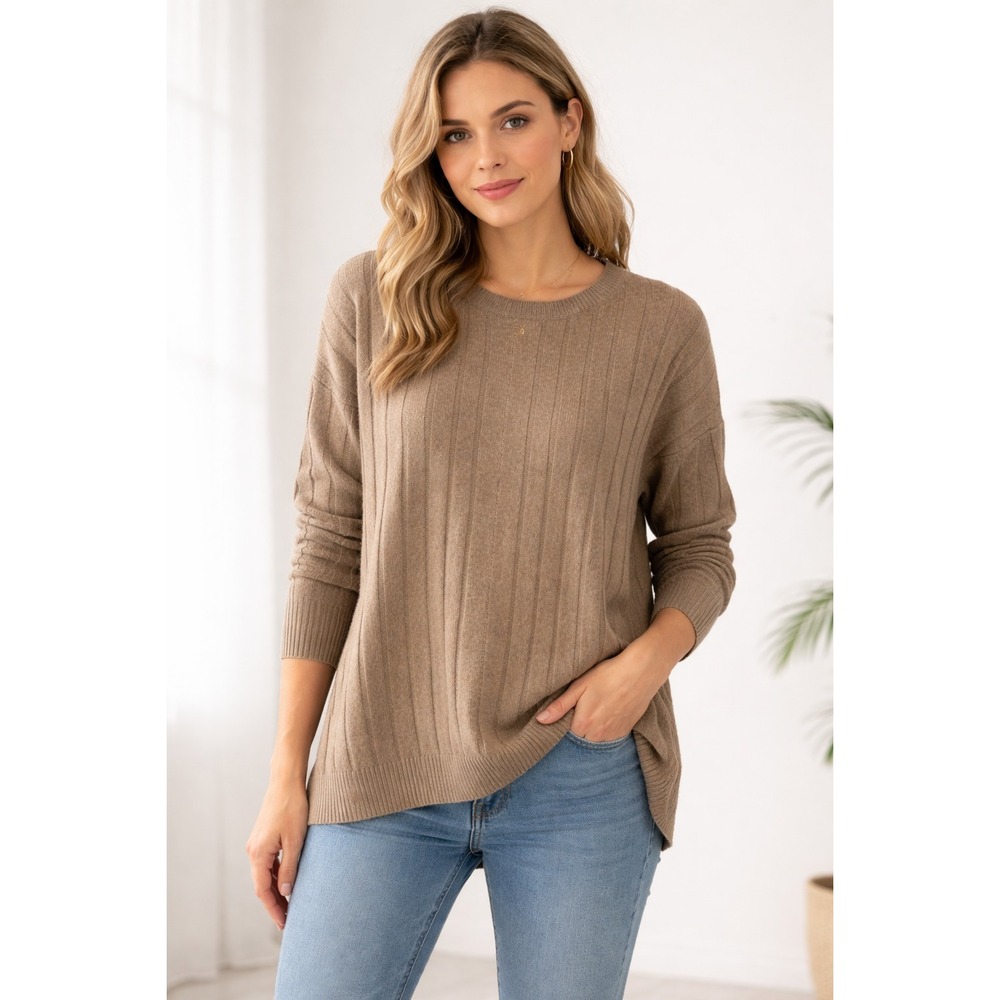 Pink Republic Sweater Womens L Brown Tan Lace-Up Ribbed Knit Long Sleeve Stretch